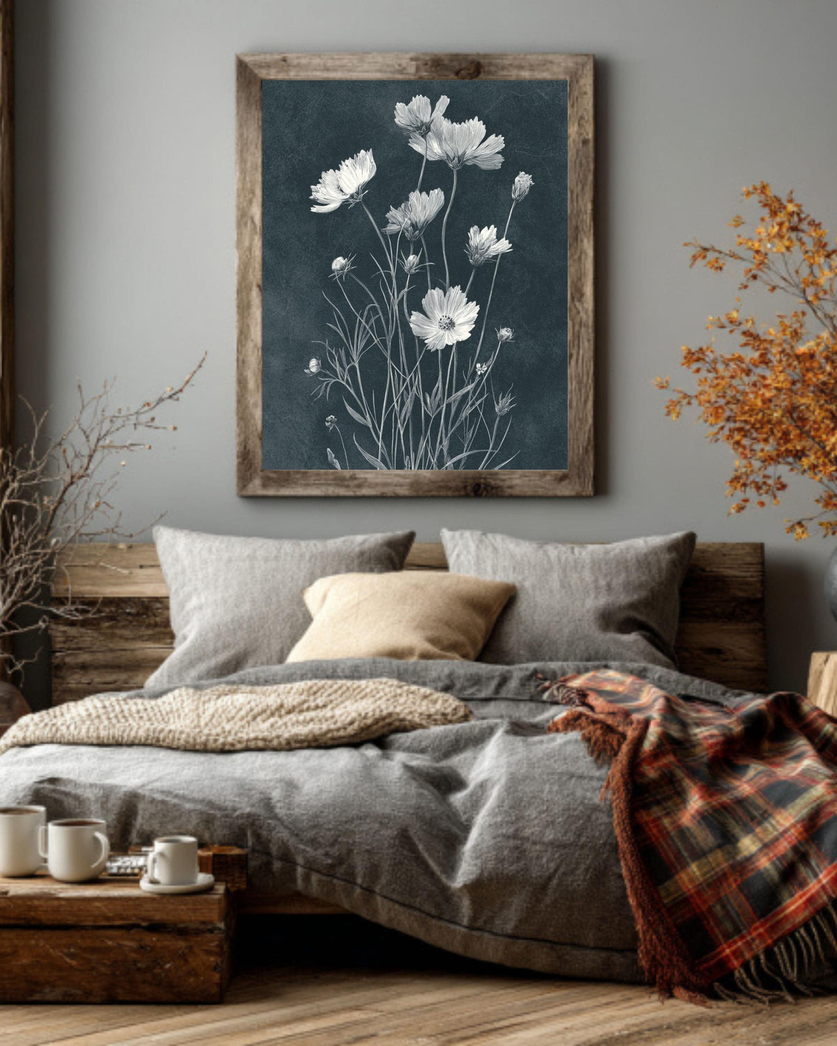 Black & White Wildflower Canvas Art: Minimalist Dark Academia Floral Print