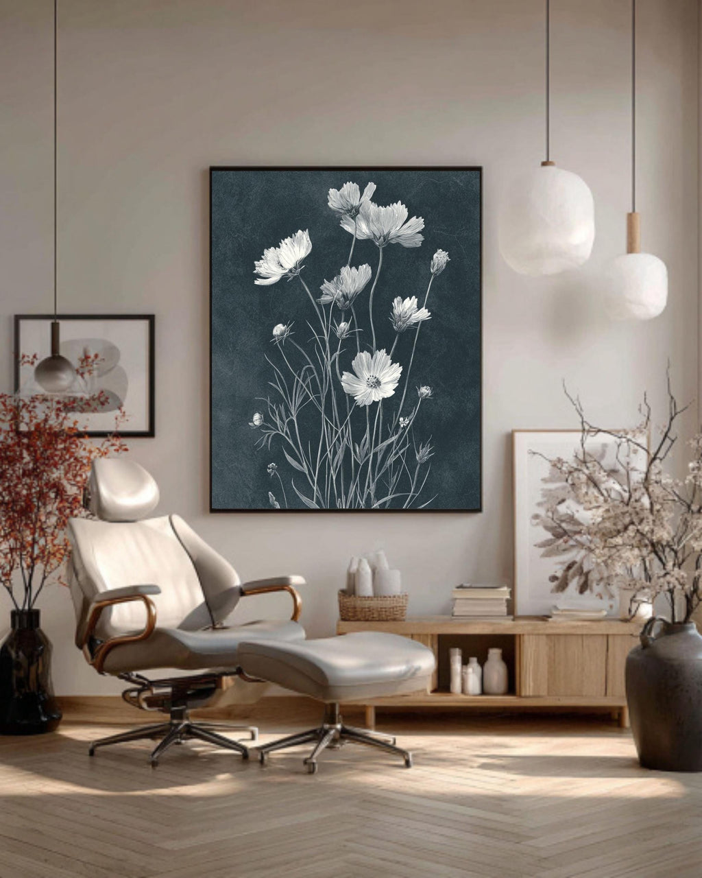 Black & White Wildflower Canvas Art: Minimalist Dark Academia Floral Print
