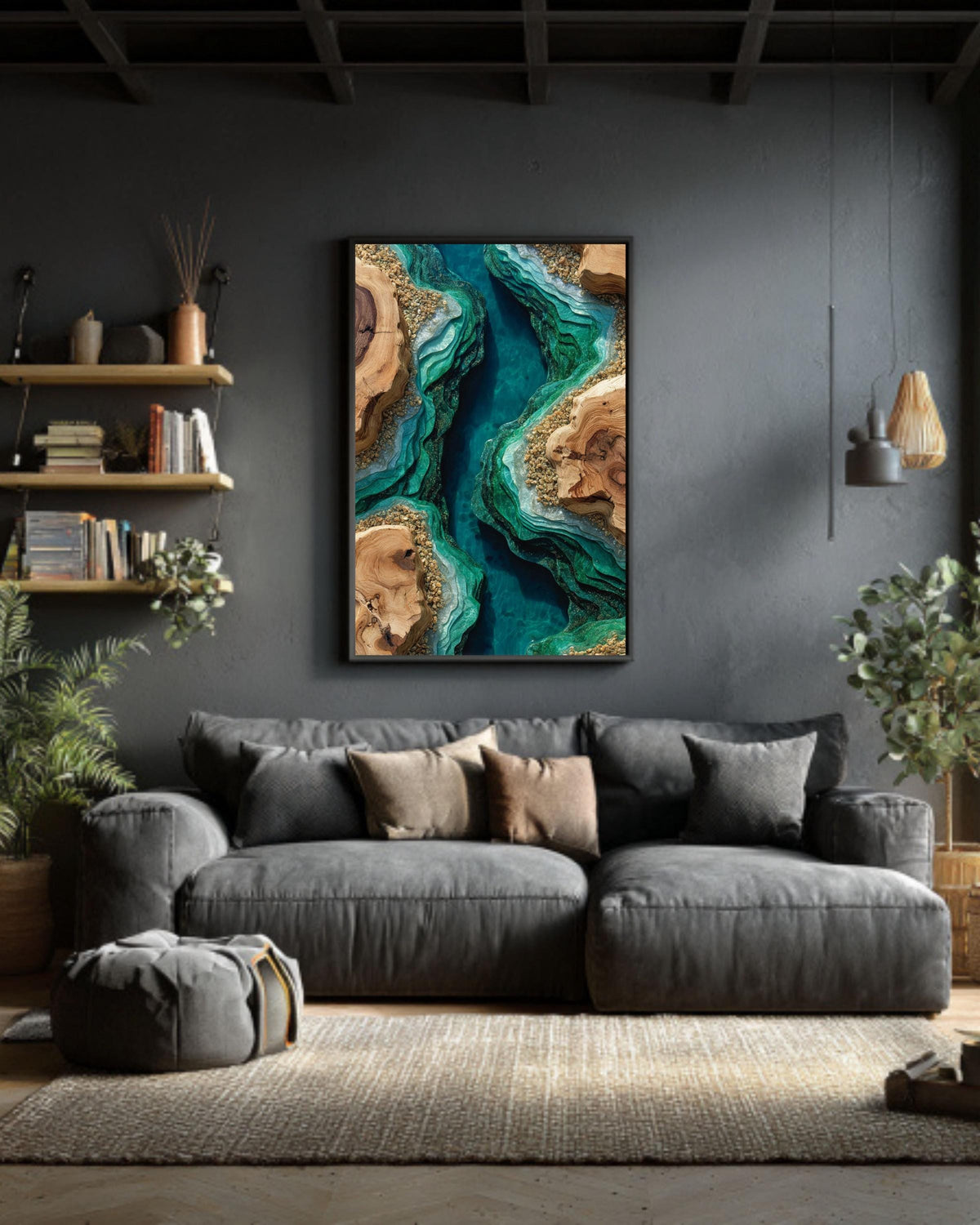 Emerald Resin River Wood Inspired Art Print: Abstract Geode Canvas Print Wall Decor