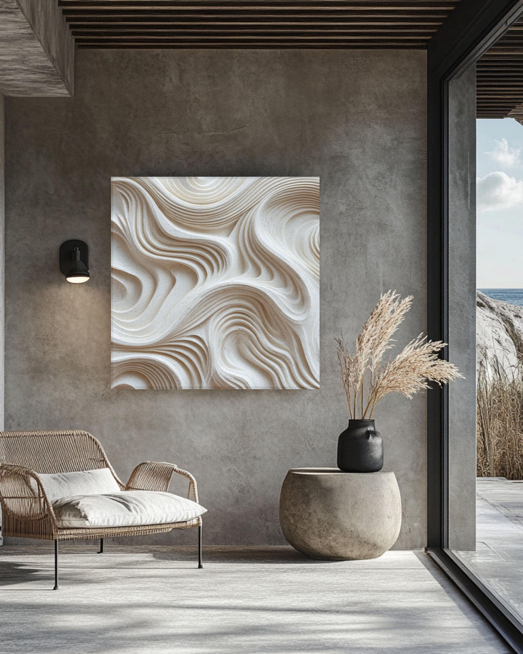 Minimalist Abstract 3D Carved Inspired Wall Art, Textured White Wavy Lines Sculpture Canvas Print, Modern Neutral Home Decor