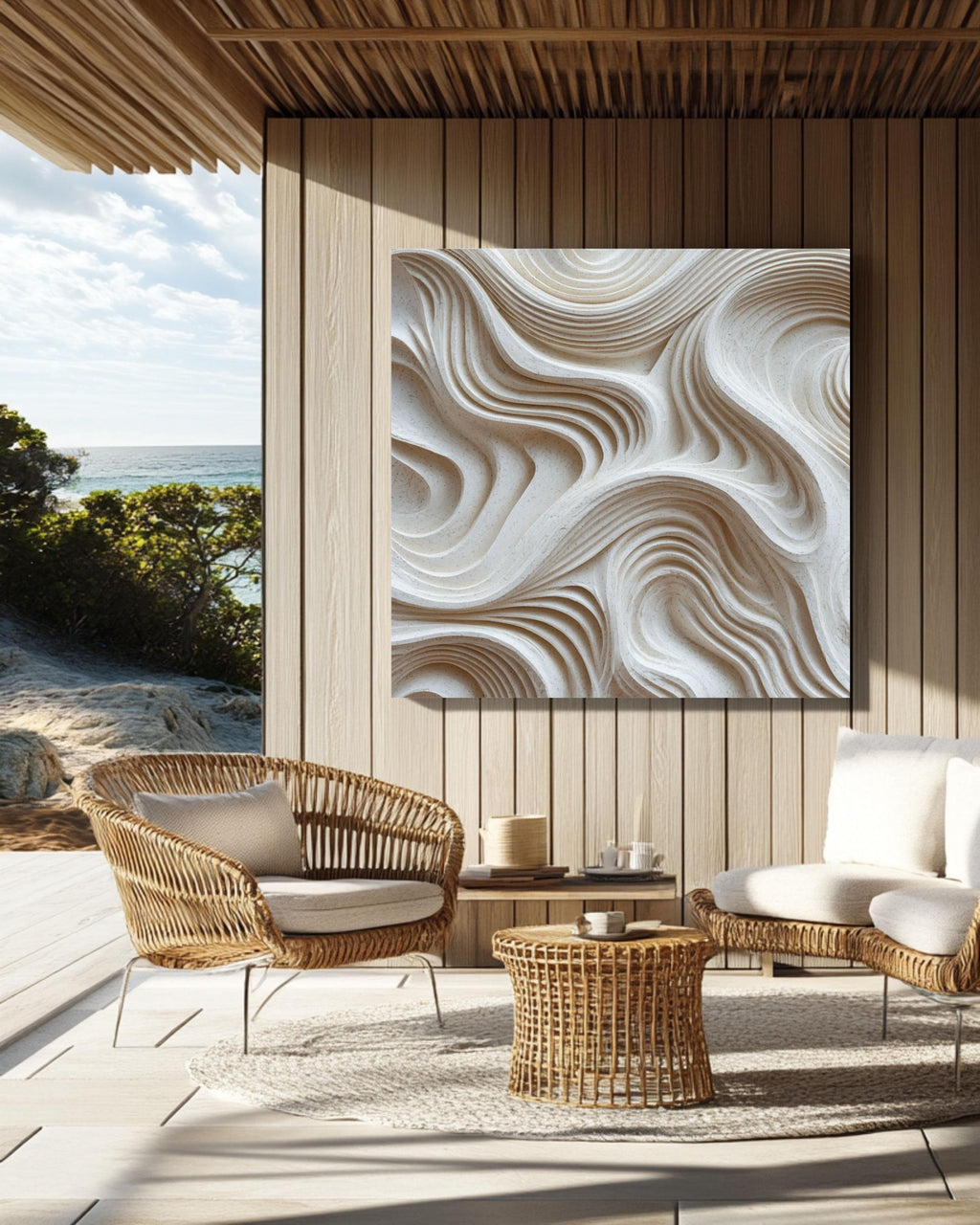 Minimalist Abstract 3D Carved Inspired Wall Art, Textured White Wavy Lines Sculpture Canvas Print, Modern Neutral Home Decor