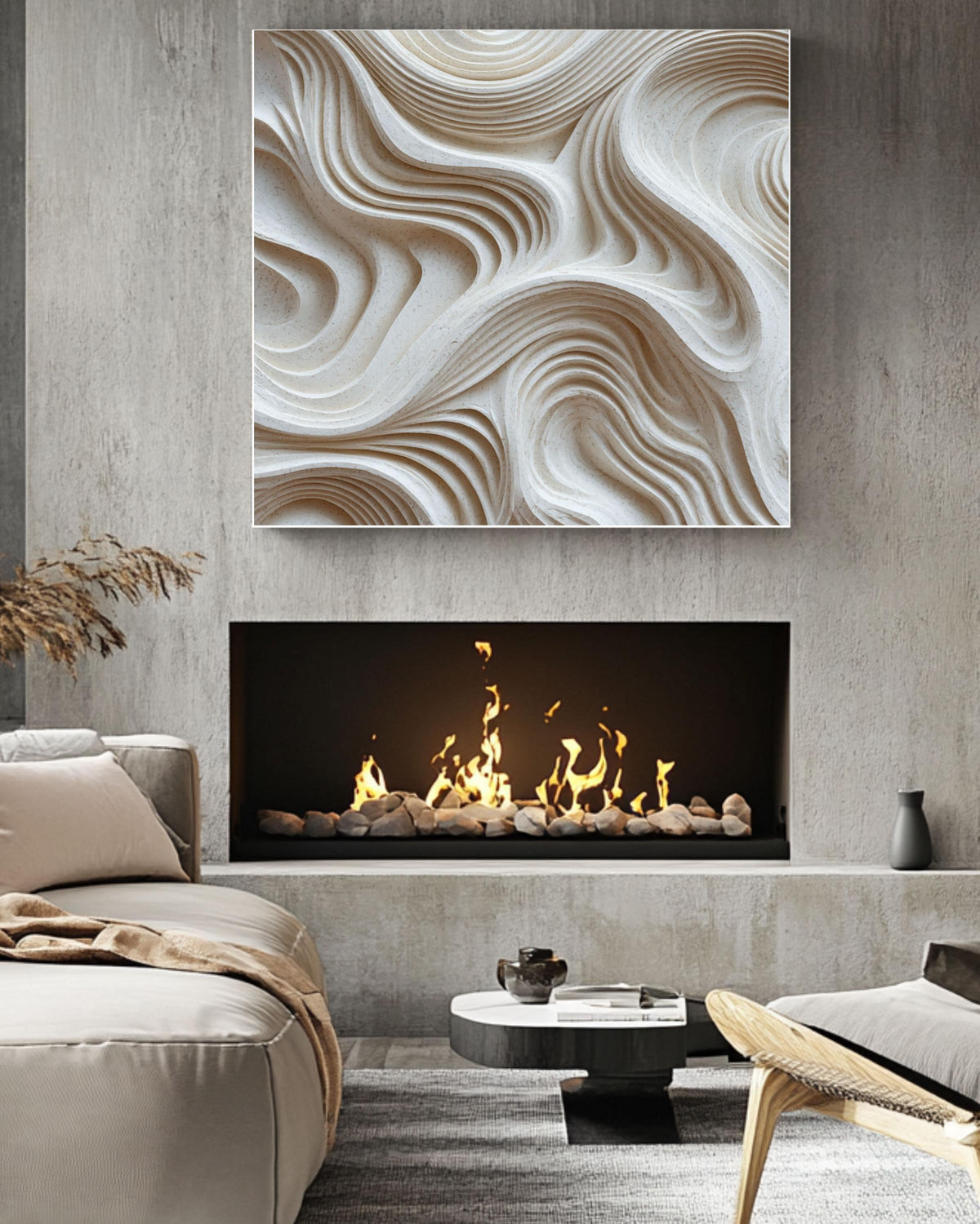 Minimalist Abstract 3D Carved Inspired Wall Art, Textured White Wavy Lines Sculpture Canvas Print, Modern Neutral Home Decor