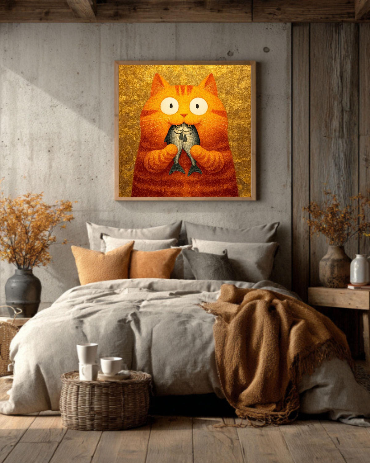 Orange Cat Painting Print, Whimsical Folk Art, Kitchen Wall Decor