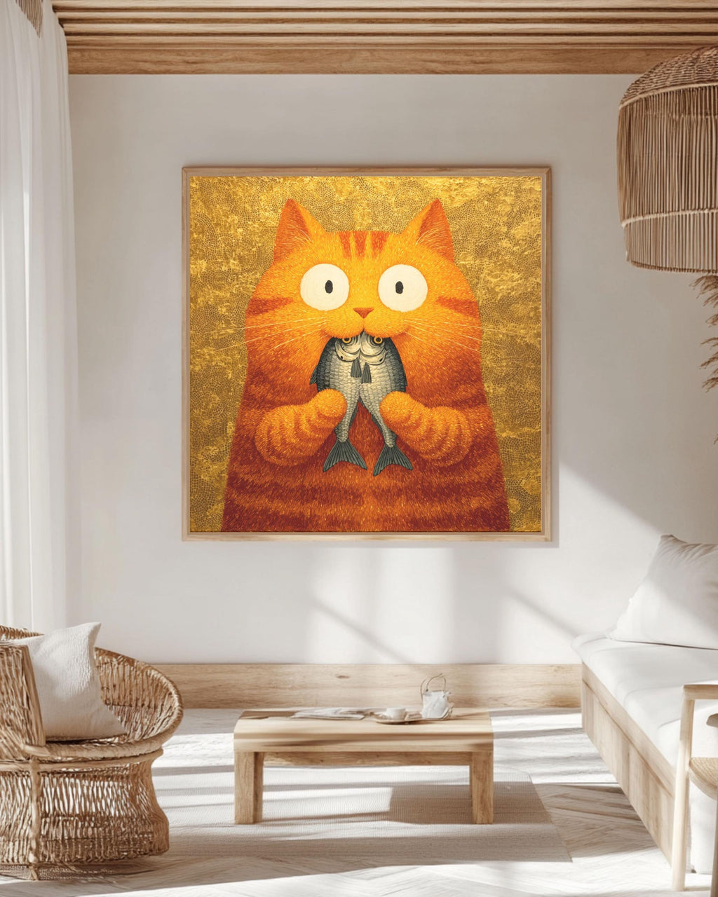 Orange Cat Painting Print, Whimsical Folk Art, Kitchen Wall Decor