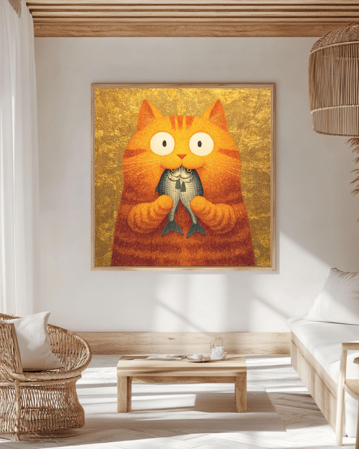 Orange Cat Painting Print, Whimsical Folk Art, Kitchen Wall Decor