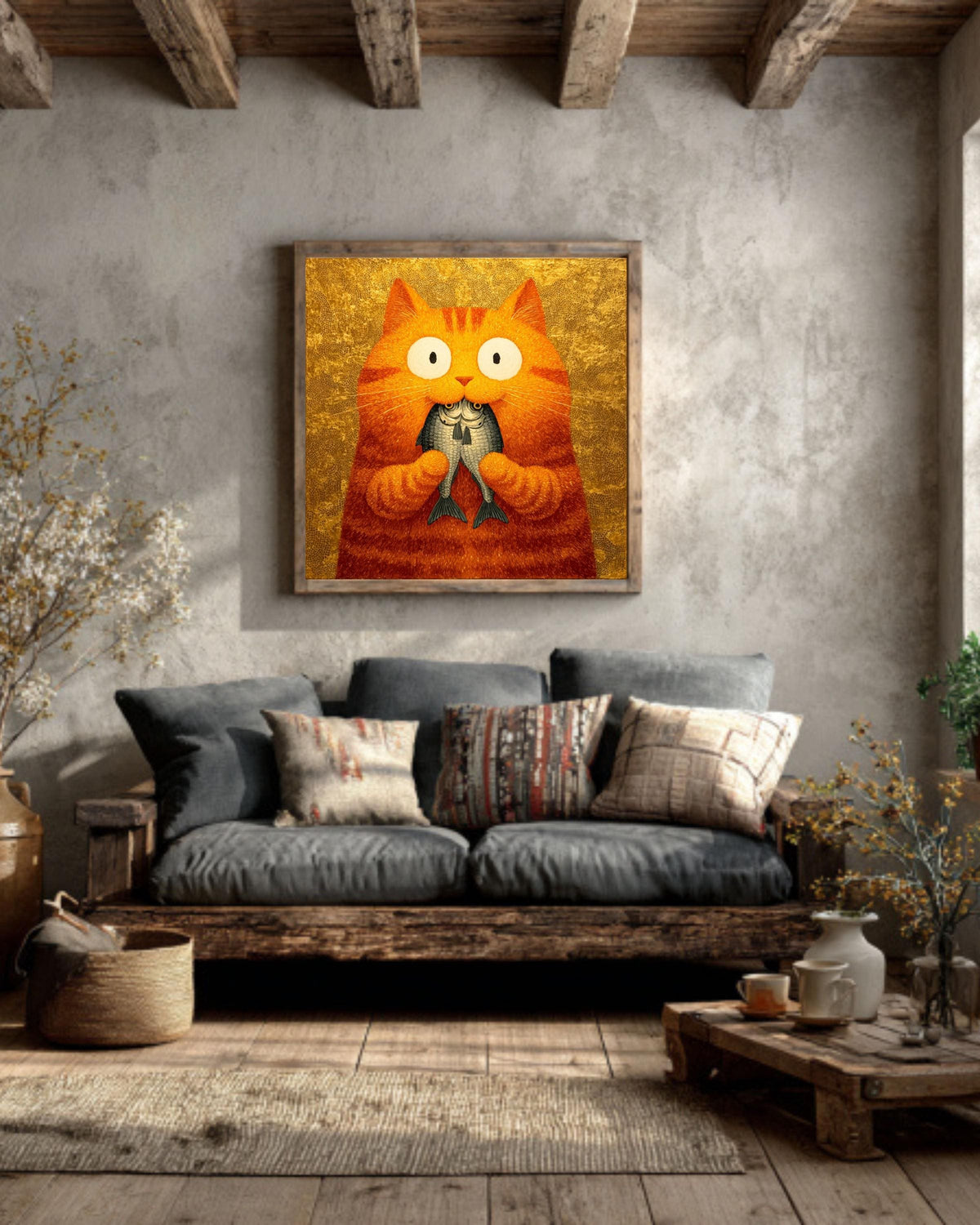 Orange Cat Painting Print, Whimsical Folk Art, Kitchen Wall Decor