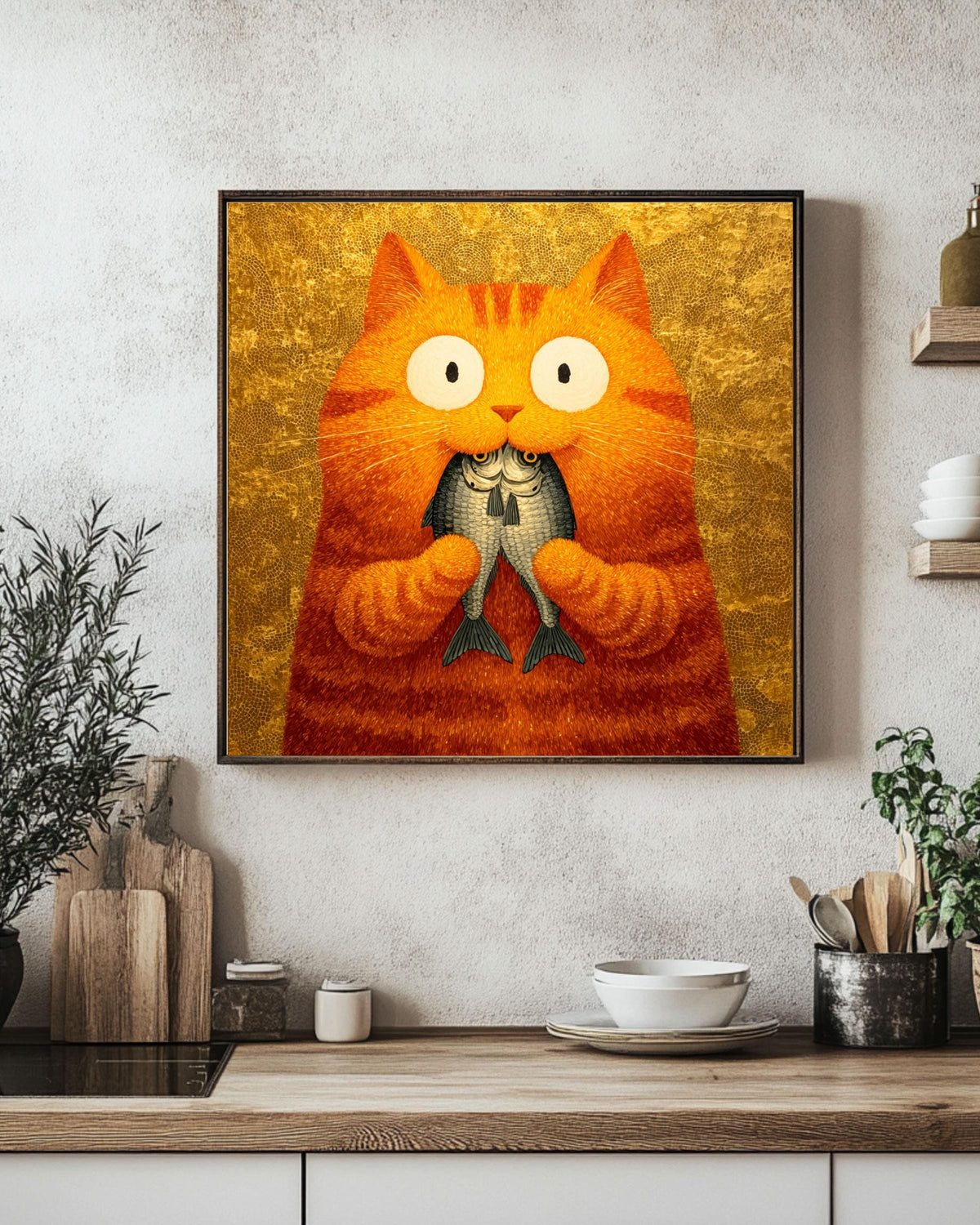 Orange Cat Painting Print, Whimsical Folk Art, Kitchen Wall Decor