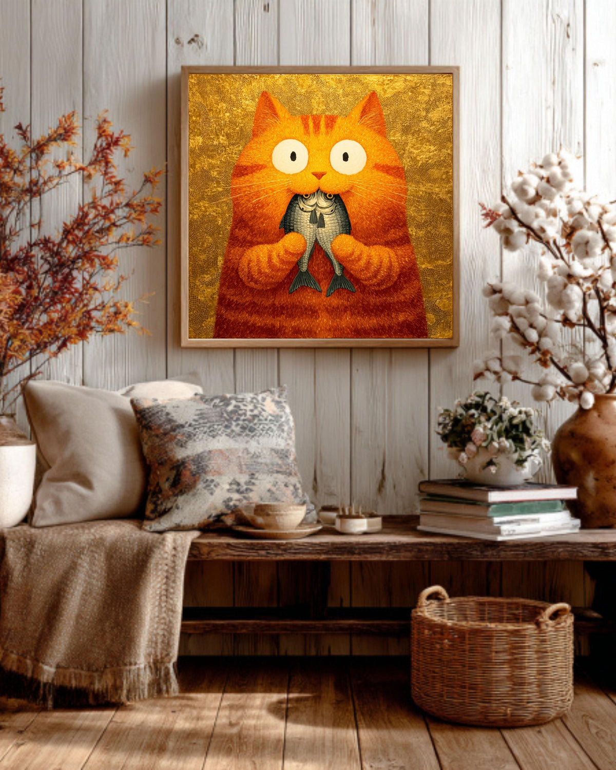 Orange Cat Painting Print, Whimsical Folk Art, Kitchen Wall Decor
