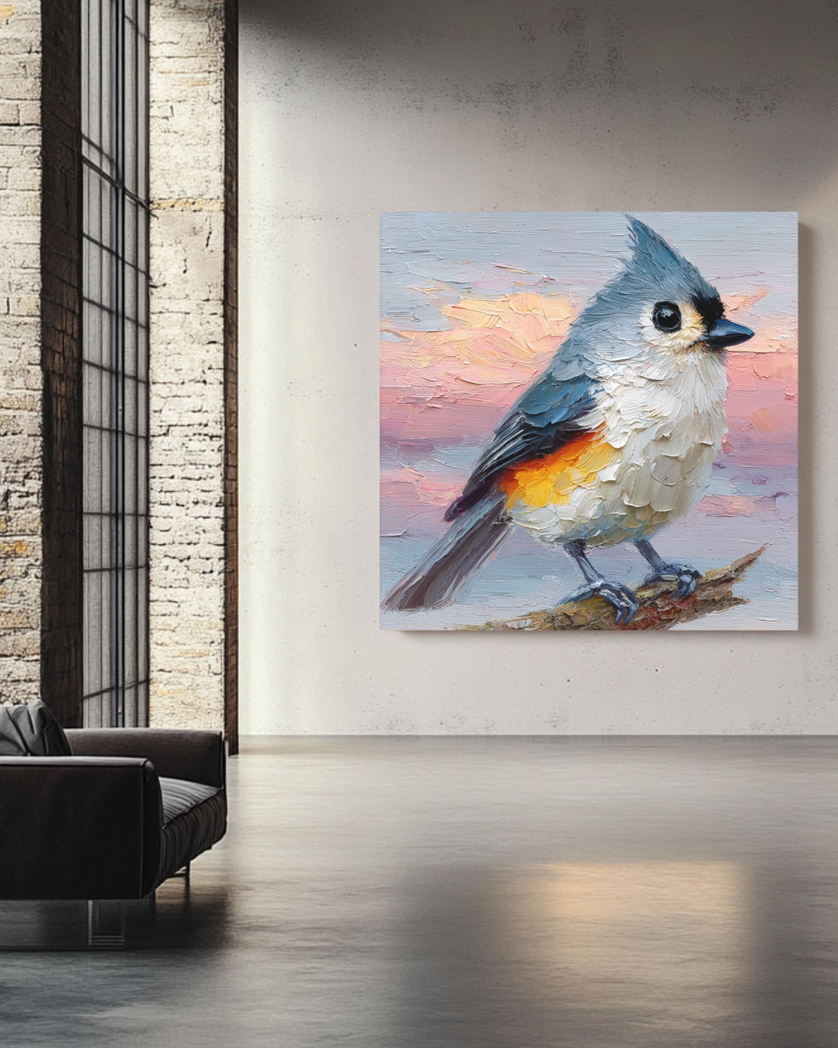 Tufted Titmouse Oil Painting Print: Impasto Bird Art, Pastel Sunset Sky