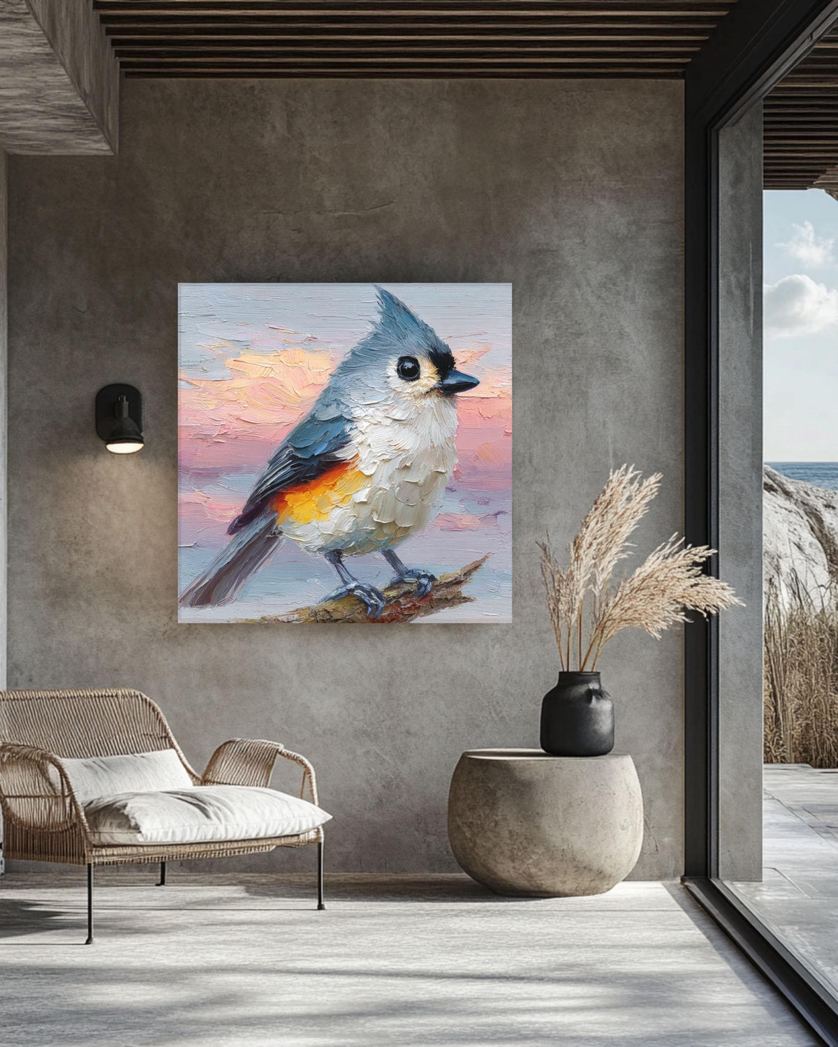 Tufted Titmouse Oil Painting Print: Impasto Bird Art, Pastel Sunset Sky