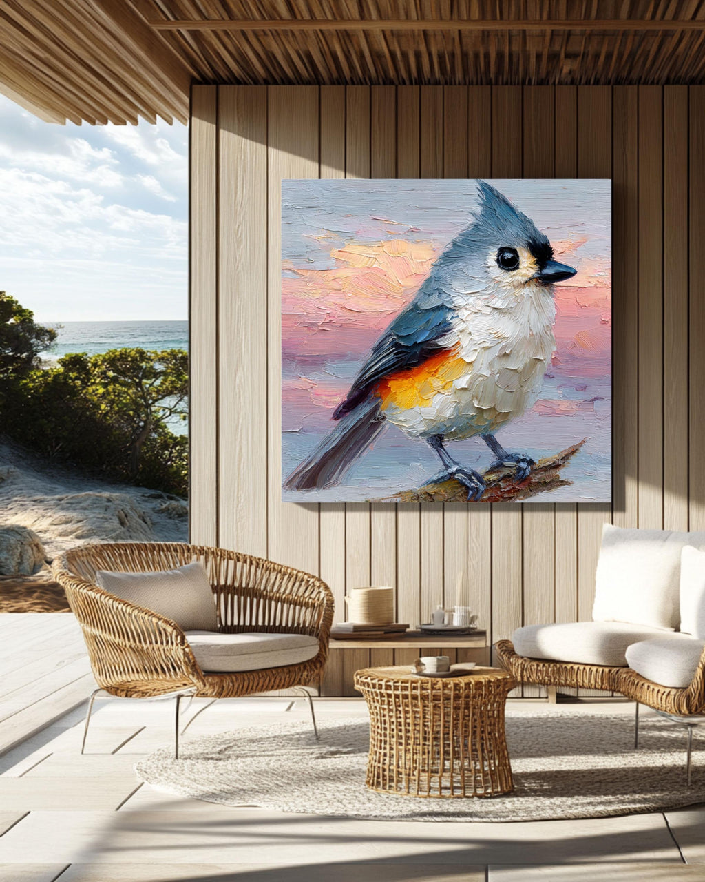 Tufted Titmouse Oil Painting Print: Impasto Bird Art, Pastel Sunset Sky