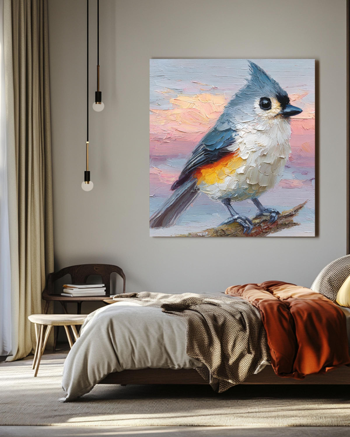 Tufted Titmouse Oil Painting Print: Impasto Bird Art, Pastel Sunset Sky