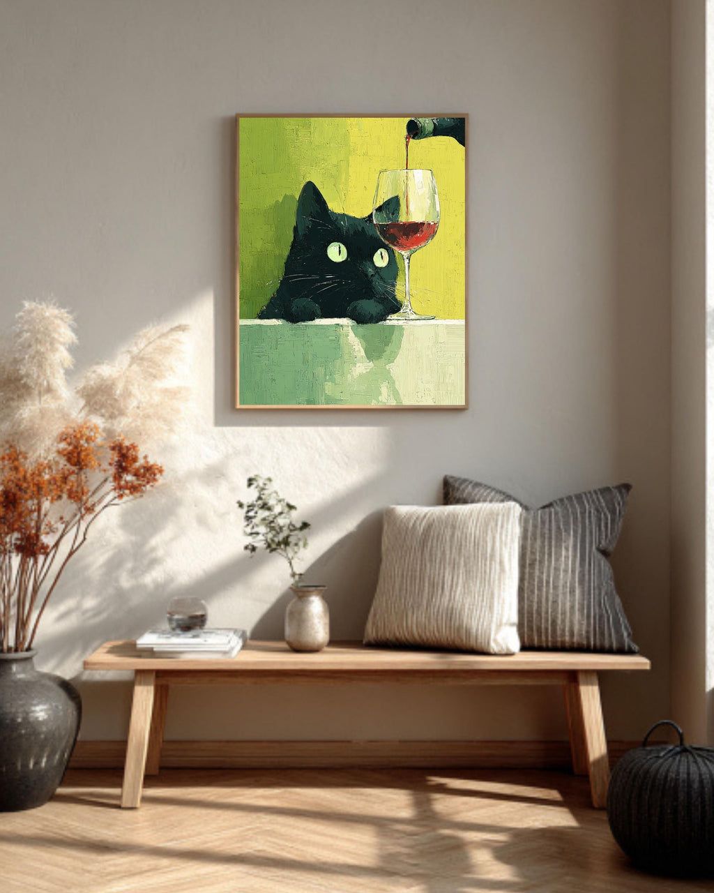 Funny Black Cat Wine Canvas Print: Quirky Kitchen Wall Art