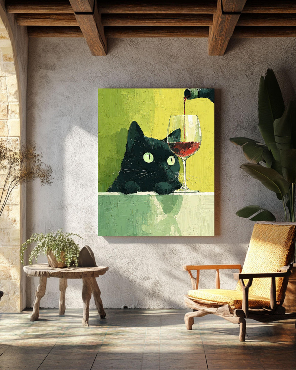 Funny Black Cat Wine Canvas Print: Quirky Kitchen Wall Art