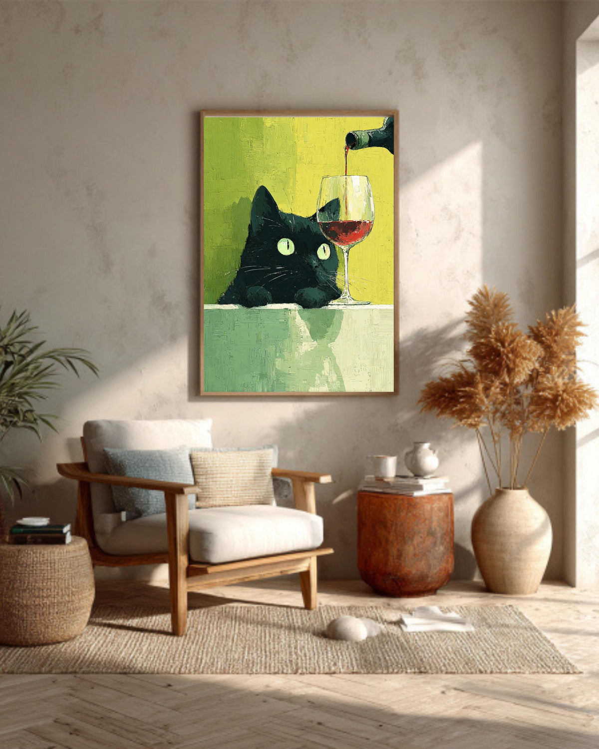 Funny Black Cat Wine Canvas Print: Quirky Kitchen Wall Art