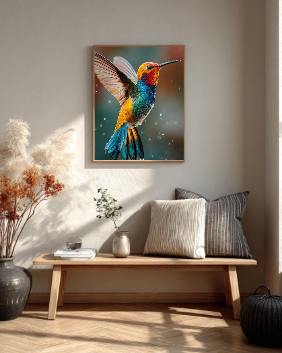 Vibrant Hummingbird Canvas Art: Jewel Tone Tropical Decor