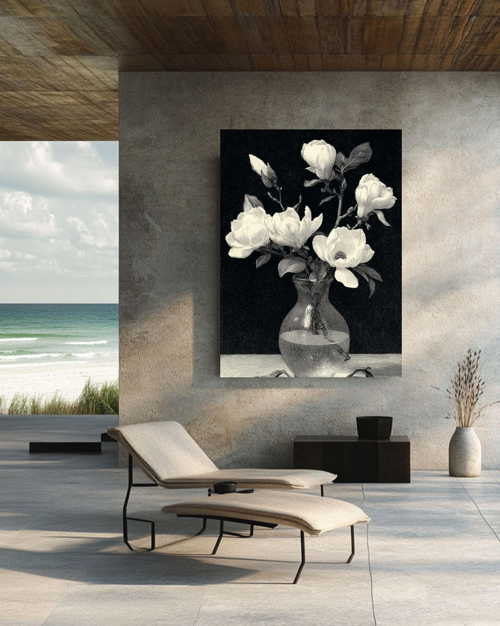 Magnolia Engraving Print: Botanical Sketch Canvas, Dark Academia Wall Art