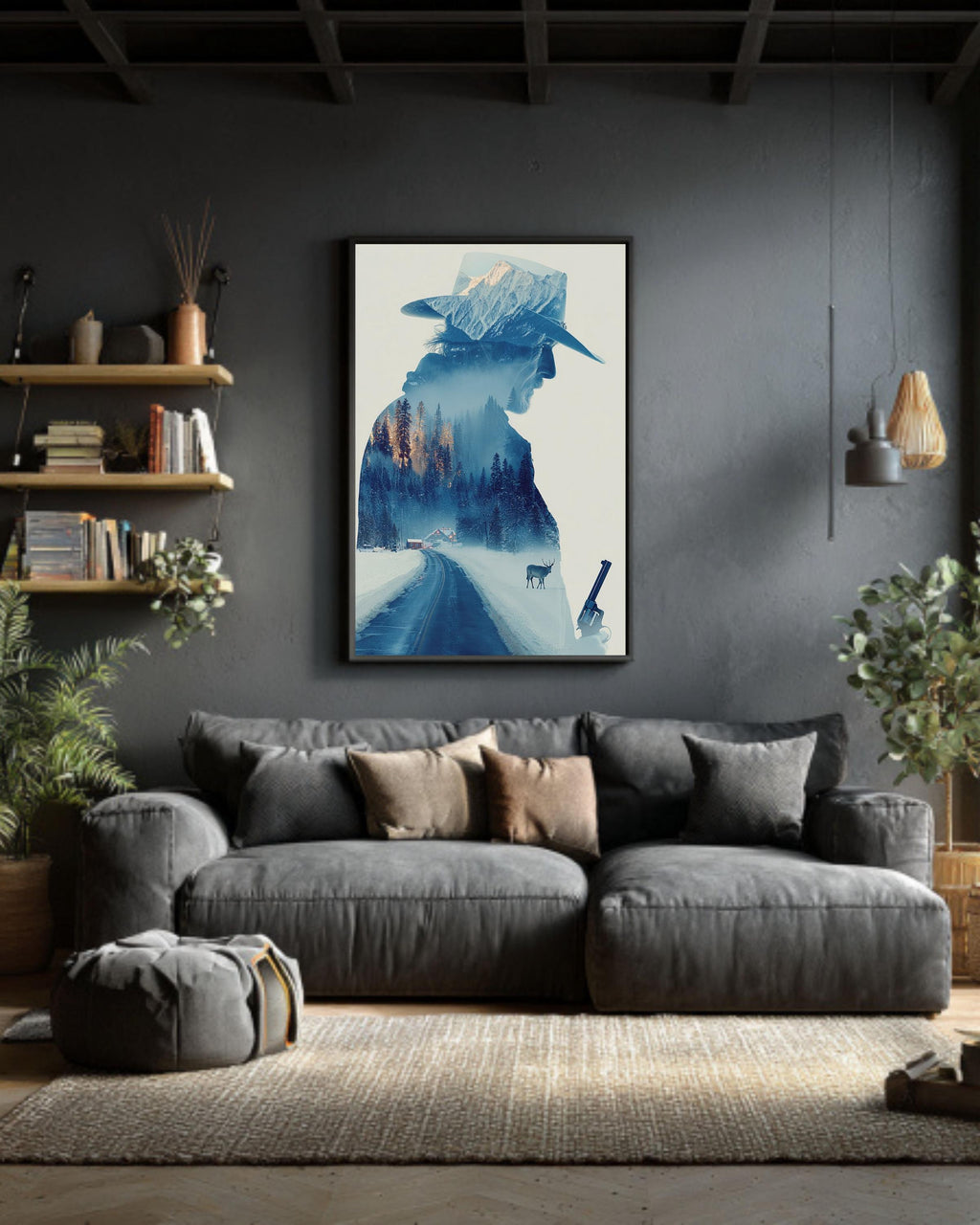 Western Cowboy Snowy Mountain Canvas Print, Double Exposure Photography