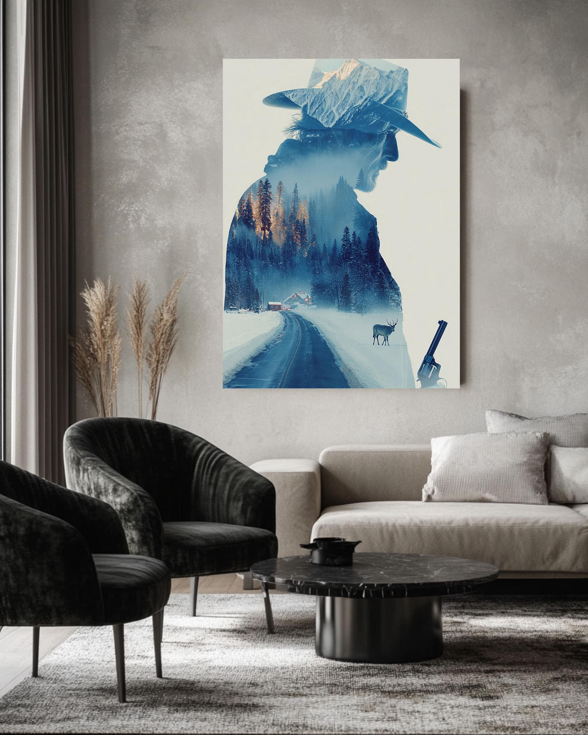 Western Cowboy Snowy Mountain Canvas Print, Double Exposure Photography