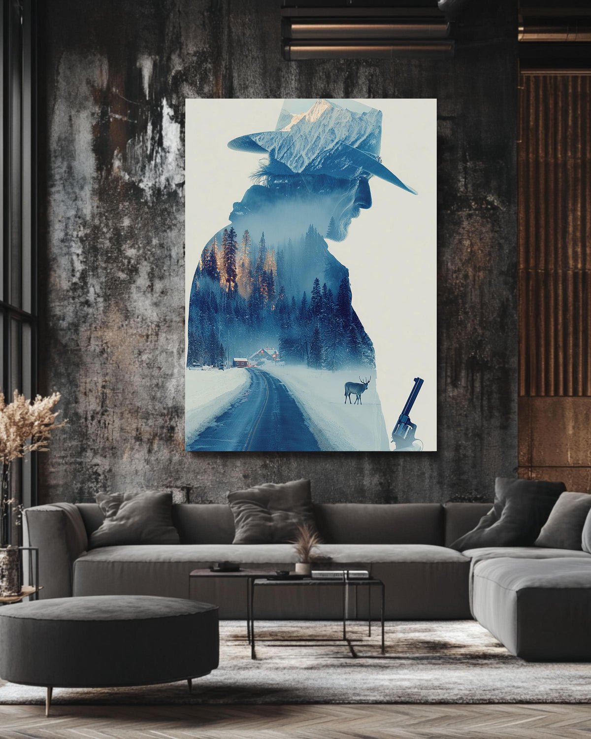 Western Cowboy Snowy Mountain Canvas Print, Double Exposure Photography