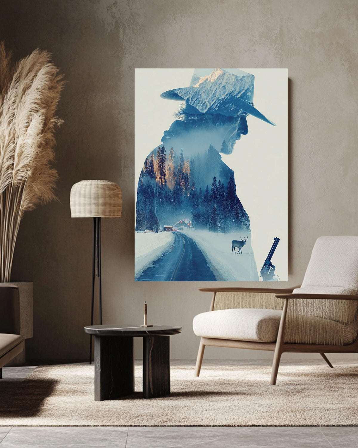 Western Cowboy Snowy Mountain Canvas Print, Double Exposure Photography