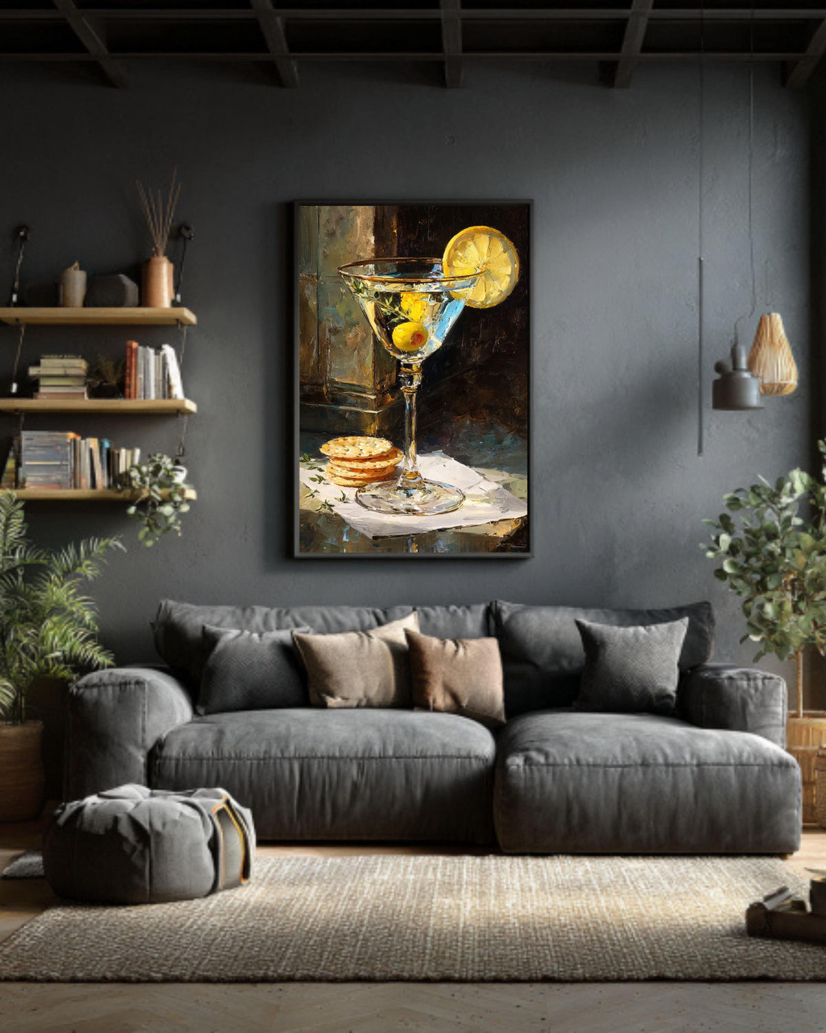 Martini Glass Oil Painting Print: Lemon & Olive Canvas Bar Cart Art