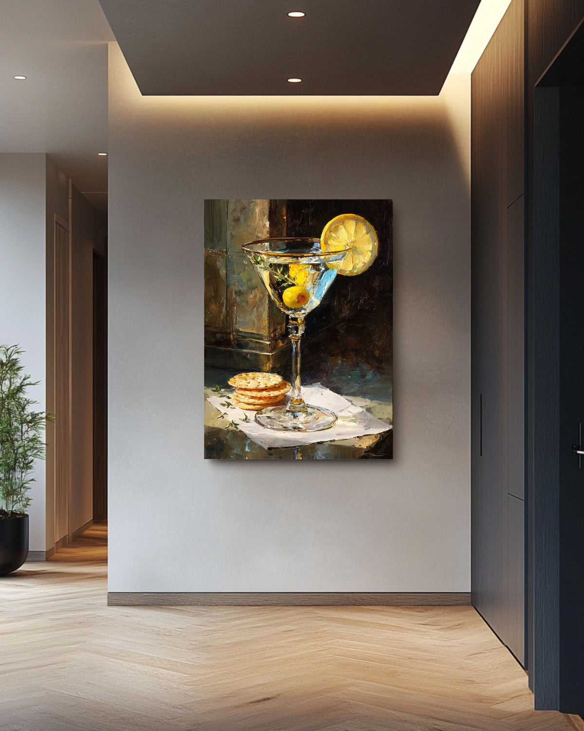 Martini Glass Oil Painting Print: Lemon & Olive Canvas Bar Cart Art