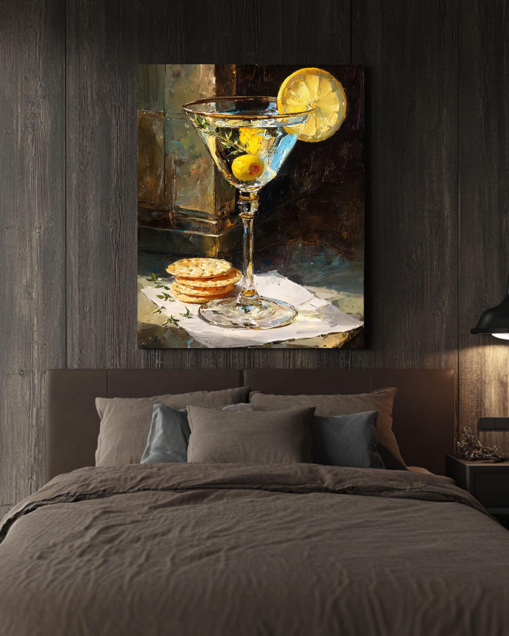 Martini Glass Oil Painting Print: Lemon & Olive Canvas Bar Cart Art