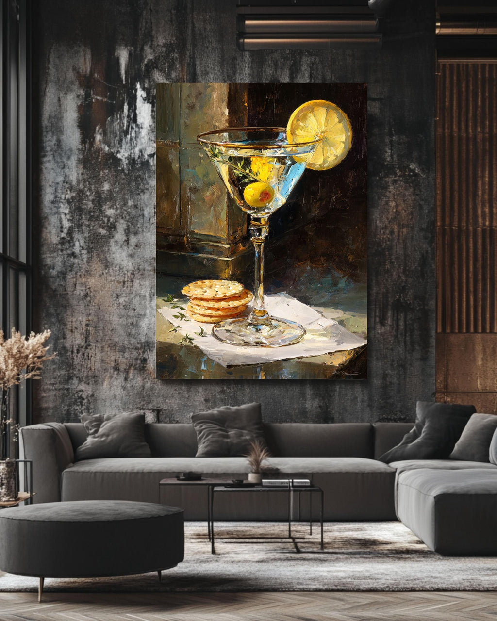 Martini Glass Oil Painting Print: Lemon & Olive Canvas Bar Cart Art