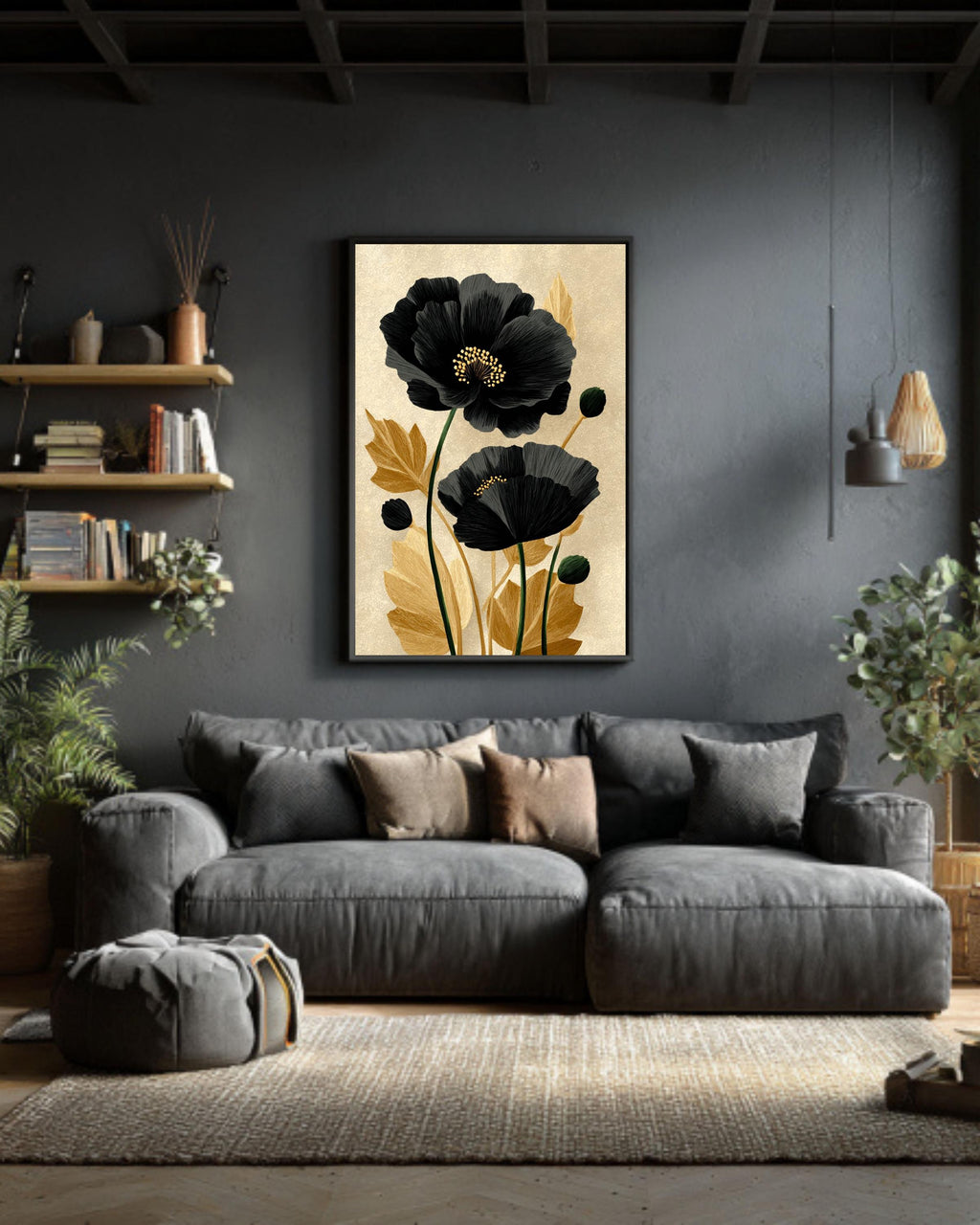 Black Poppy Flower Canvas Print: Minimalist Gold Botanical Wall Art