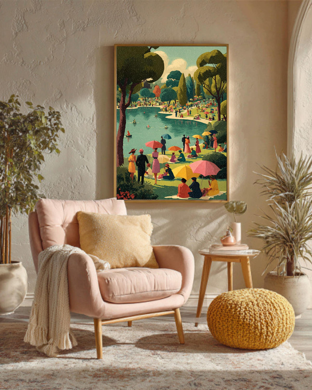 Vintage Summer Picnic Canvas Print, Retro Mid-Century Lakeside Art