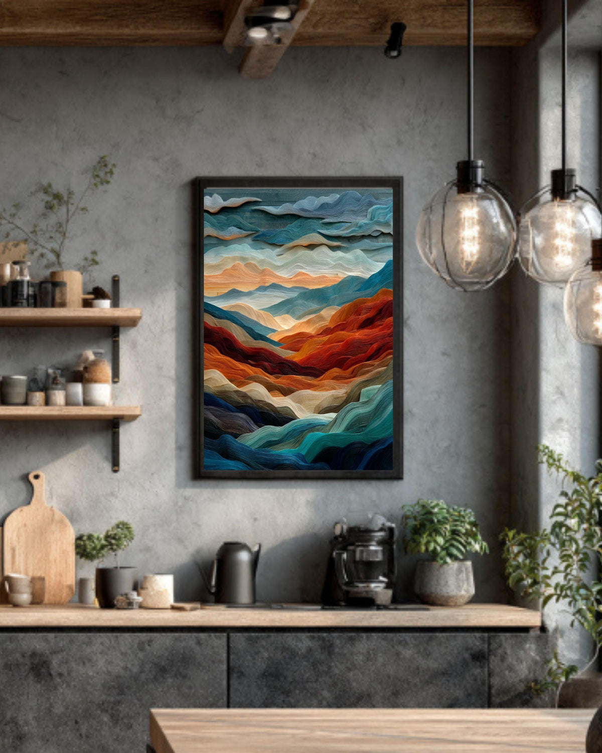 Abstract Mountain Canvas: Layered Wave Texture, Earth Tones Art Print