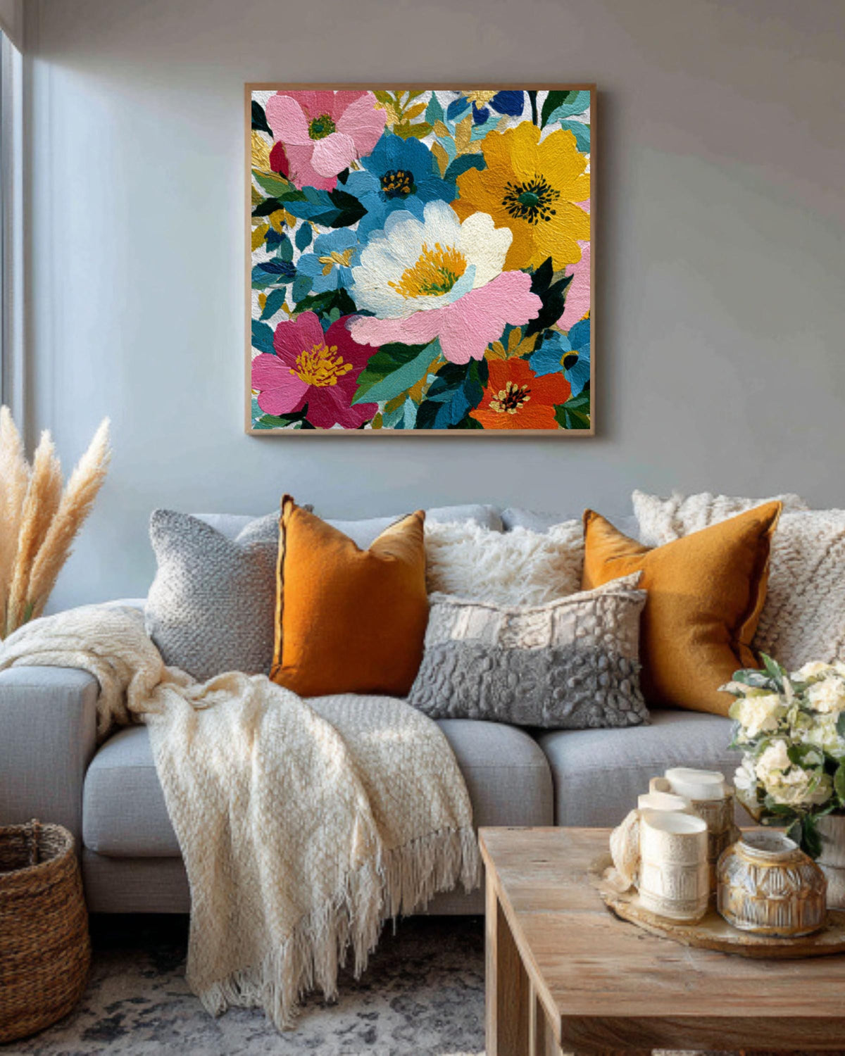 Colorful Floral Canvas Wall Art: Modern Botanical Painting Print