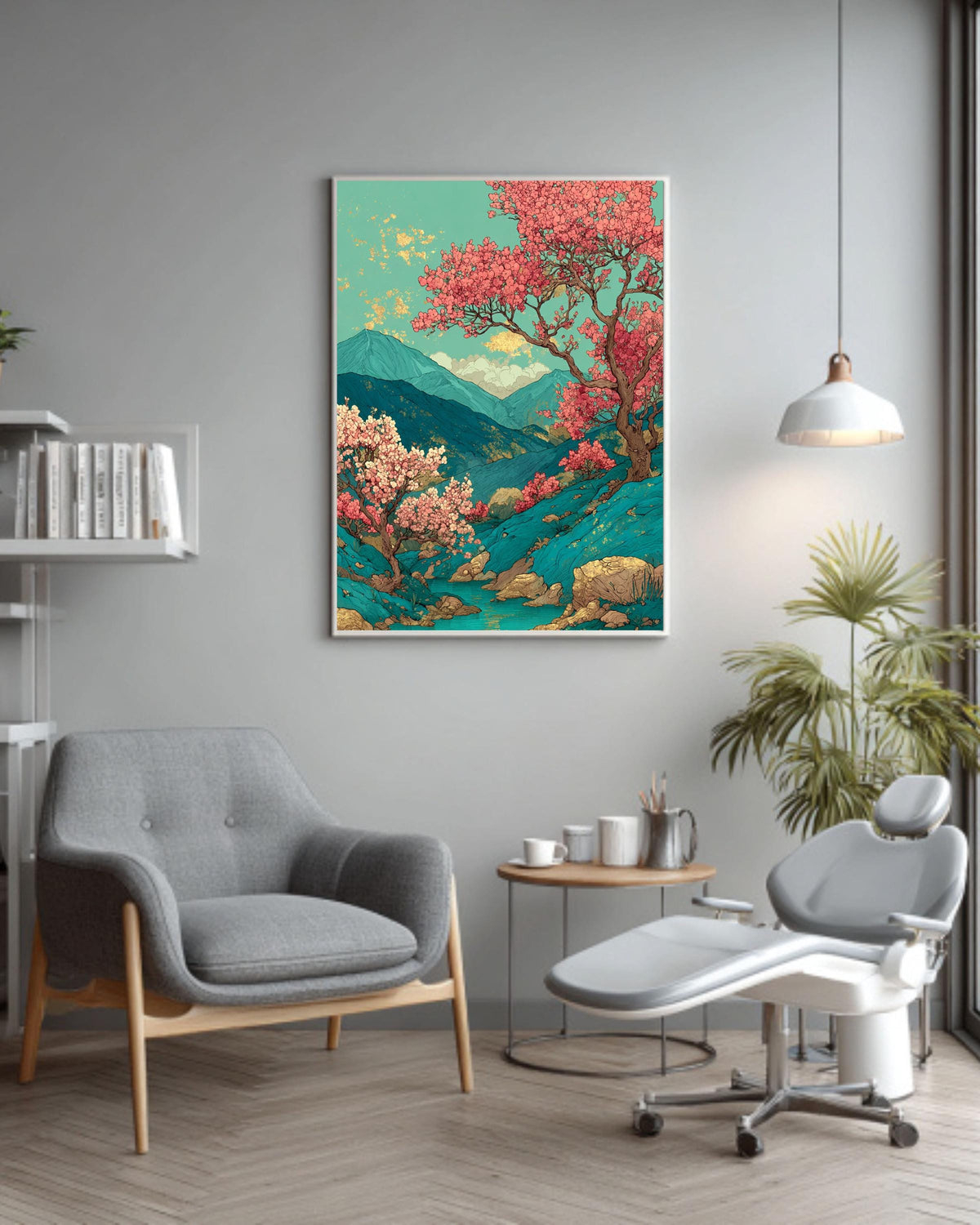 Japanese Landscape Canvas Print: Cherry Blossom & Green Mountain Art
