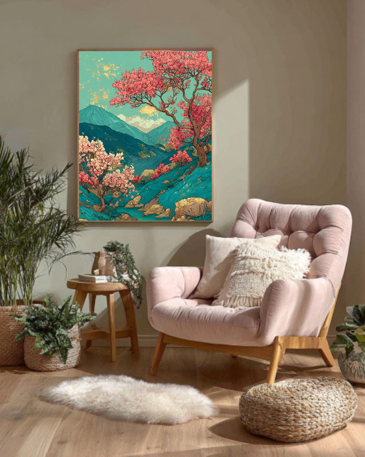 Japanese Landscape Canvas Print: Cherry Blossom & Green Mountain Art