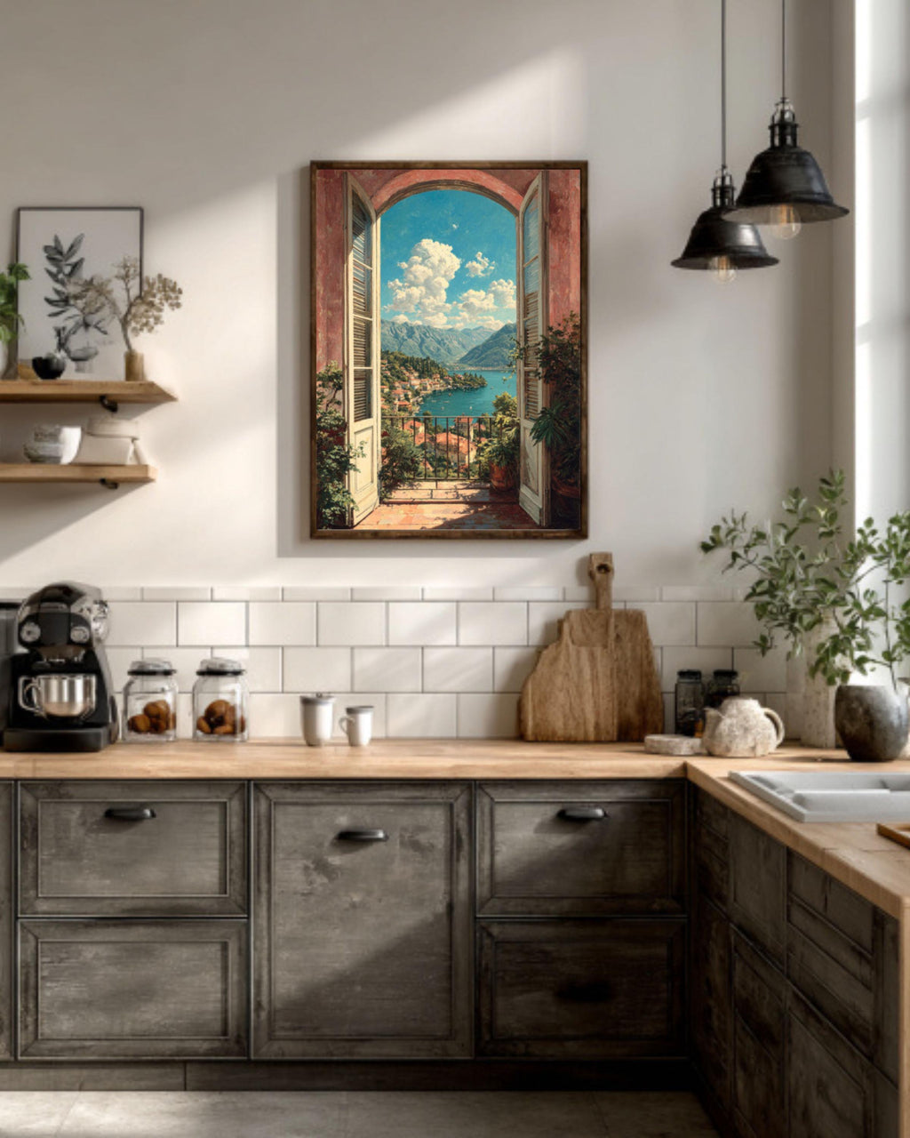 Italian Balcony Canvas Print: Mediterranean Lake View Wall Art