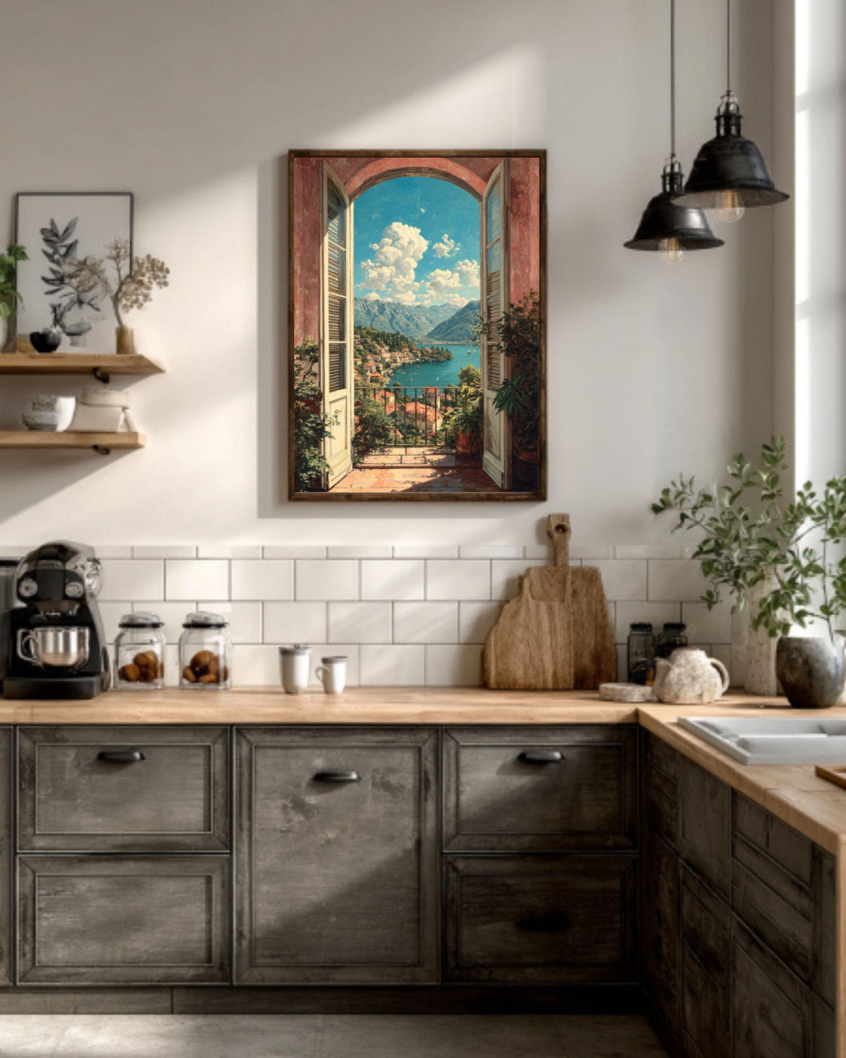 Italian Balcony Canvas Print: Mediterranean Lake View Wall Art