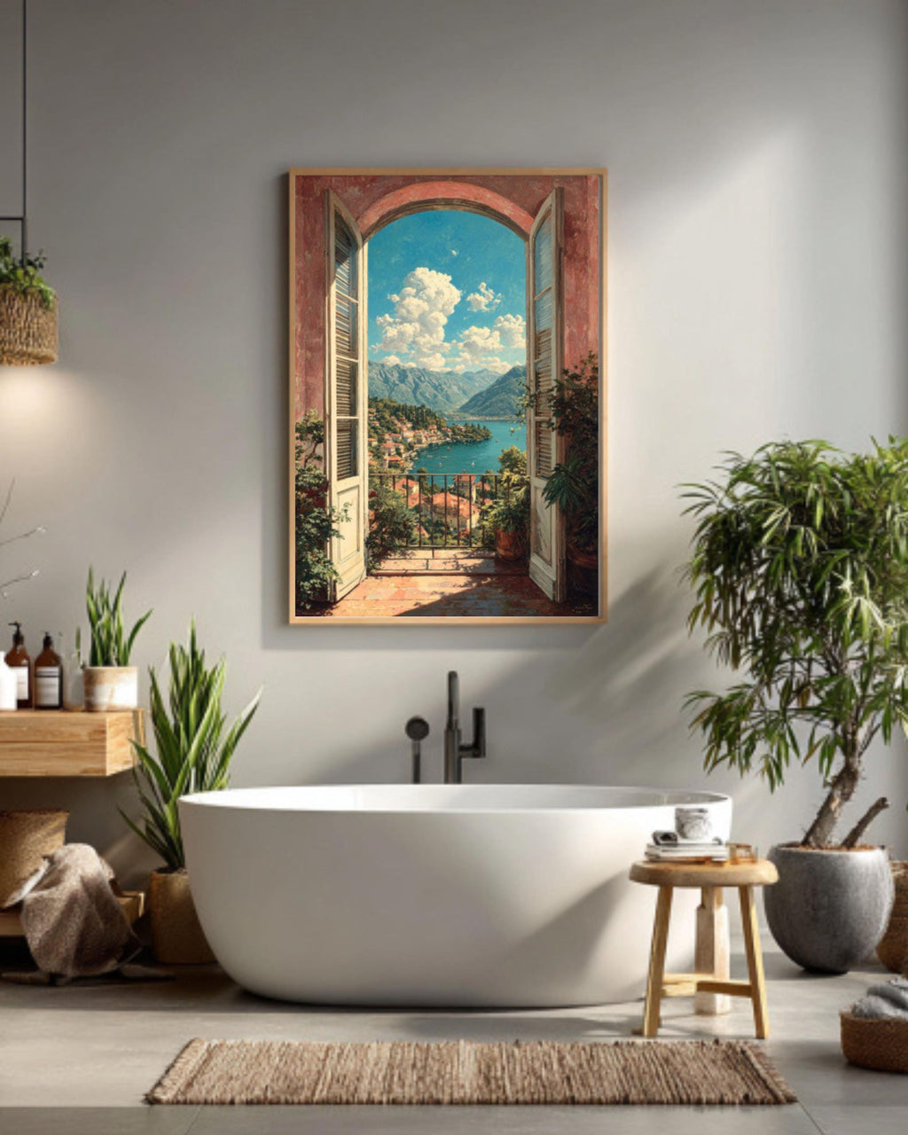 Italian Balcony Canvas Print: Mediterranean Lake View Wall Art