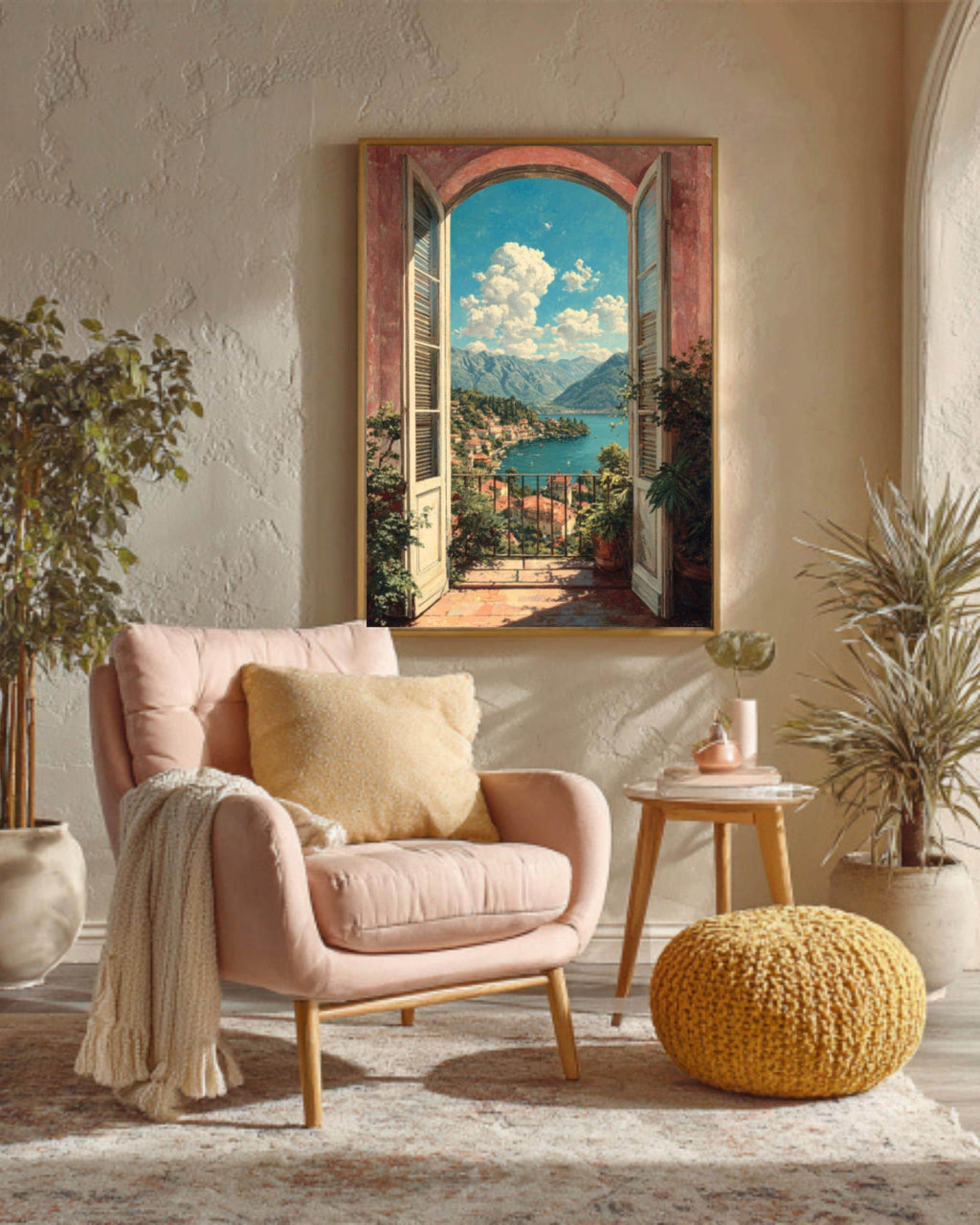 Italian Balcony Canvas Print: Mediterranean Lake View Wall Art