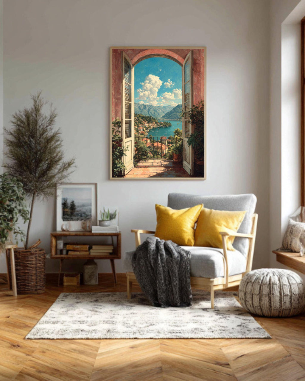 Italian Balcony Canvas Print: Mediterranean Lake View Wall Art