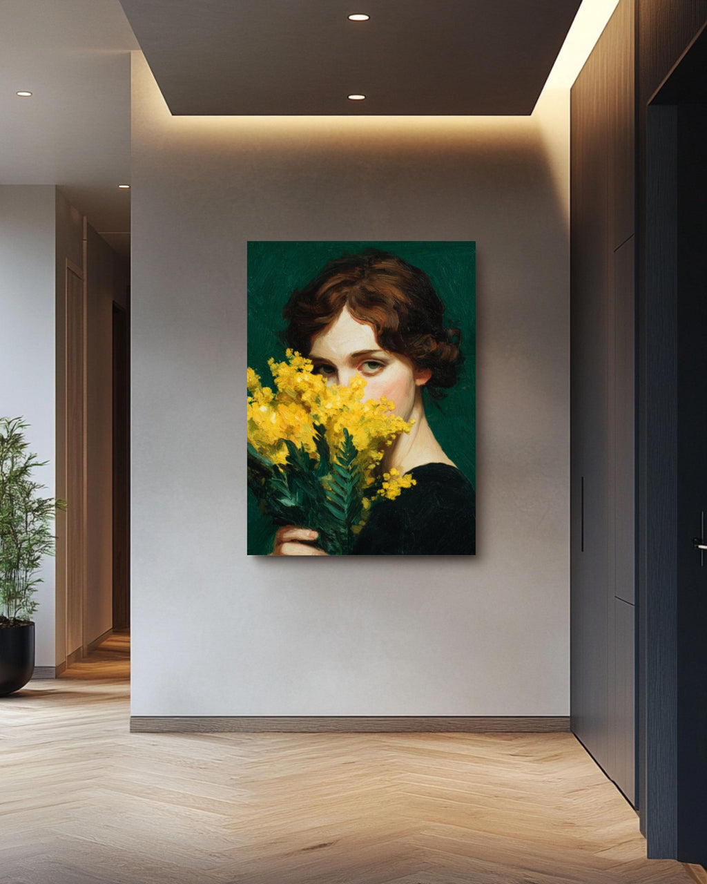 Emerald Green Woman Canvas Print: Japandi Mimosa Botanical Art
