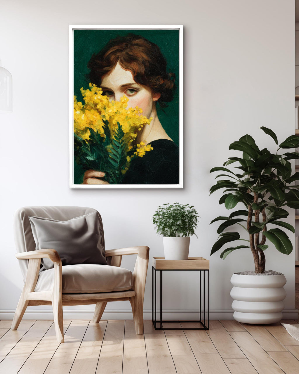 Emerald Green Woman Canvas Print: Japandi Mimosa Botanical Art