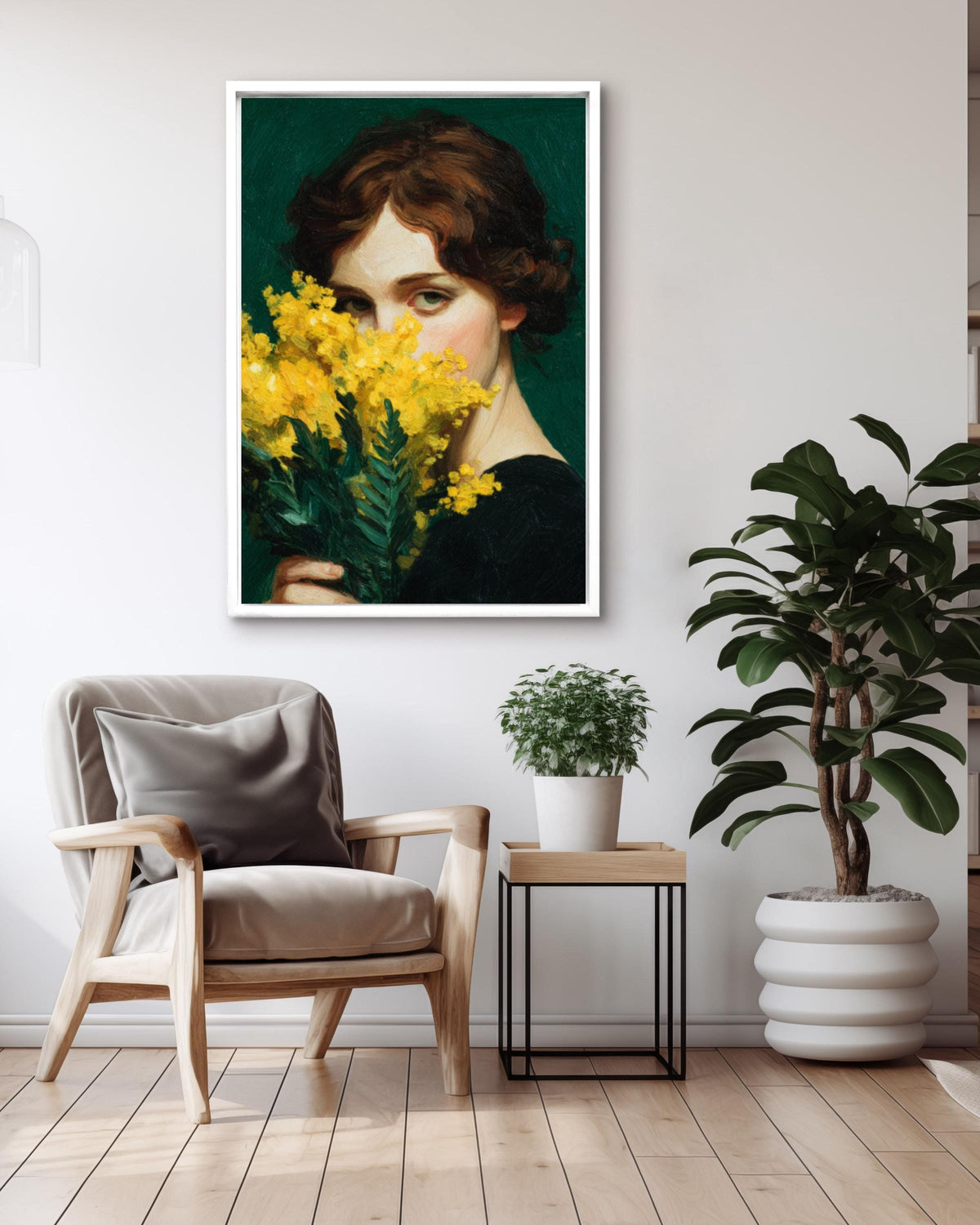 Emerald Green Woman Canvas Print: Japandi Mimosa Botanical Art