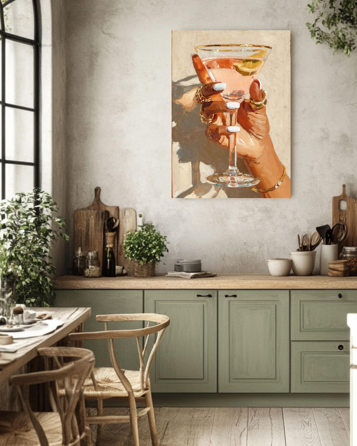 Cocktail Glass Hand Canvas Print: Modern Glam Bar Decor