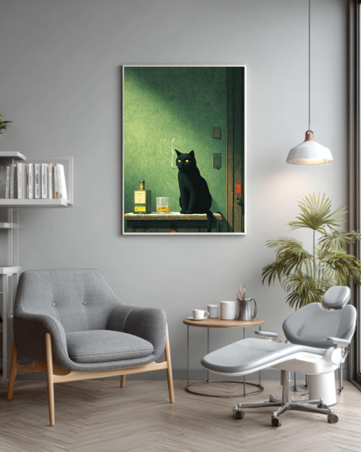 Moody Black Cat Smoking Whiskey Canvas Print, Gothic Bar Art