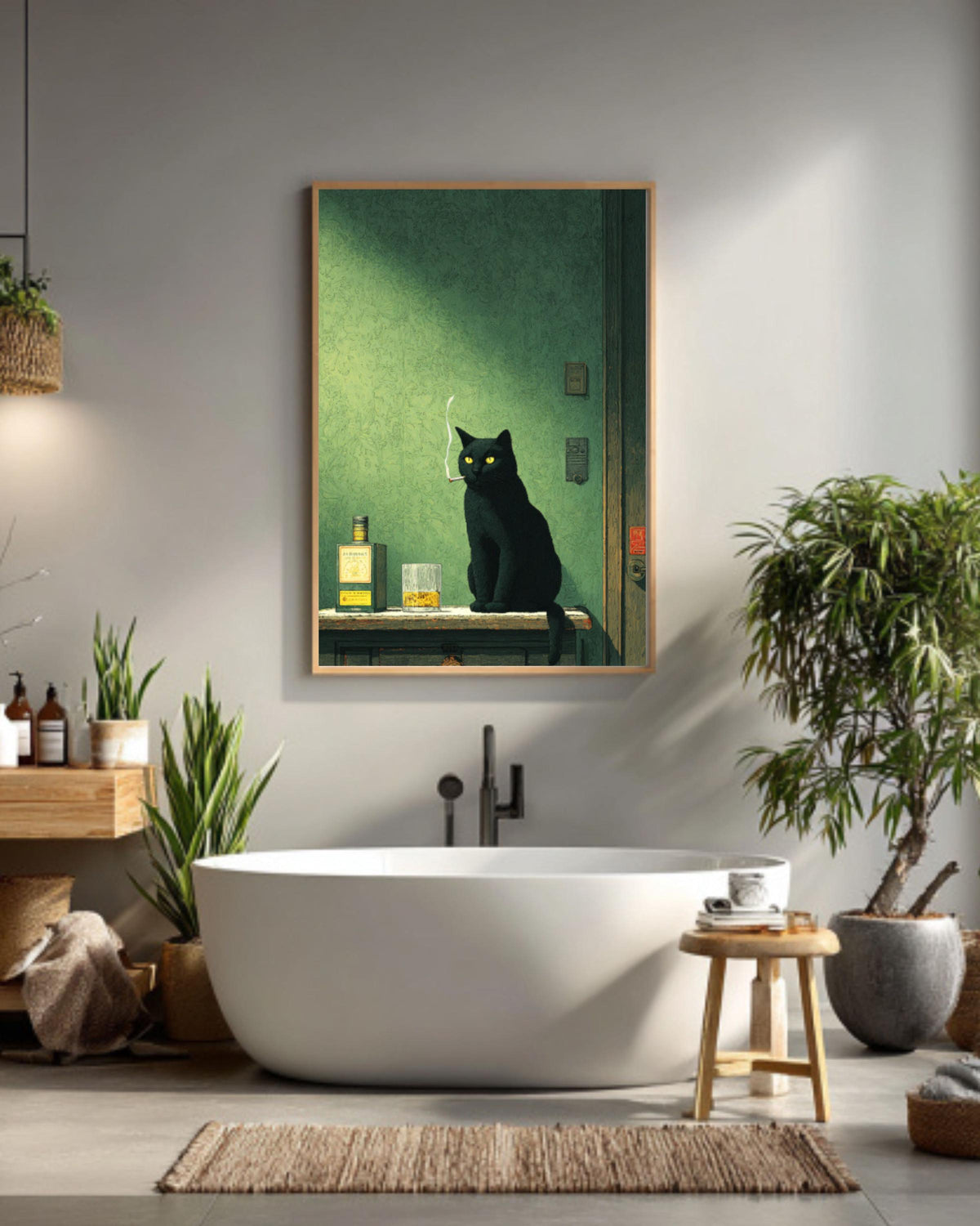 Moody Black Cat Smoking Whiskey Canvas Print, Gothic Bar Art
