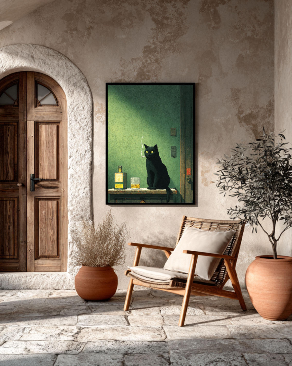 Moody Black Cat Smoking Whiskey Canvas Print, Gothic Bar Art
