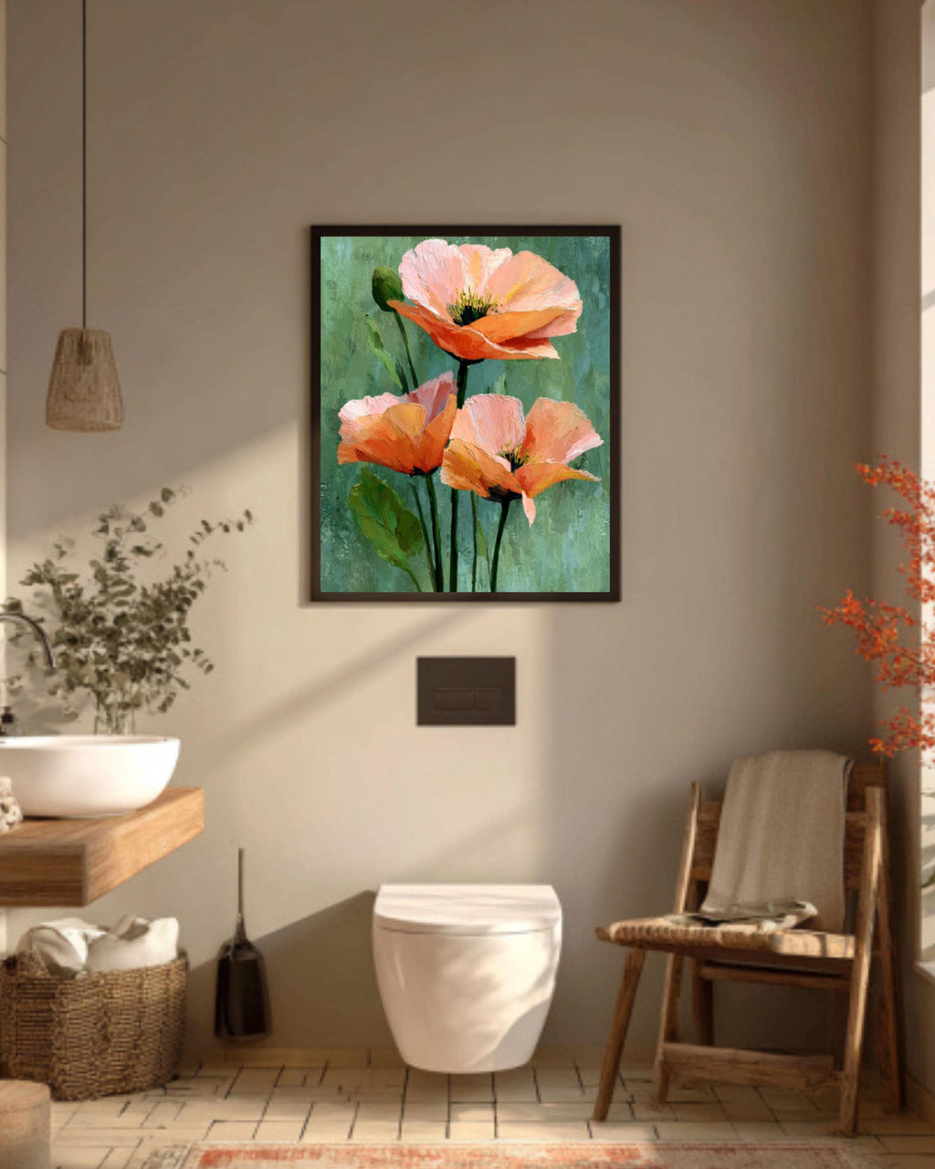 Blush Peony Trio Canvas Print: Minimalist Olive Green Floral Art