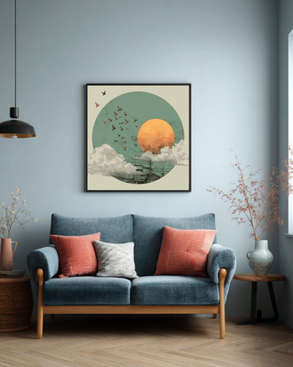 Japandi Canvas Wall Art: Sage Green Moon, Birds, Japanese Sun