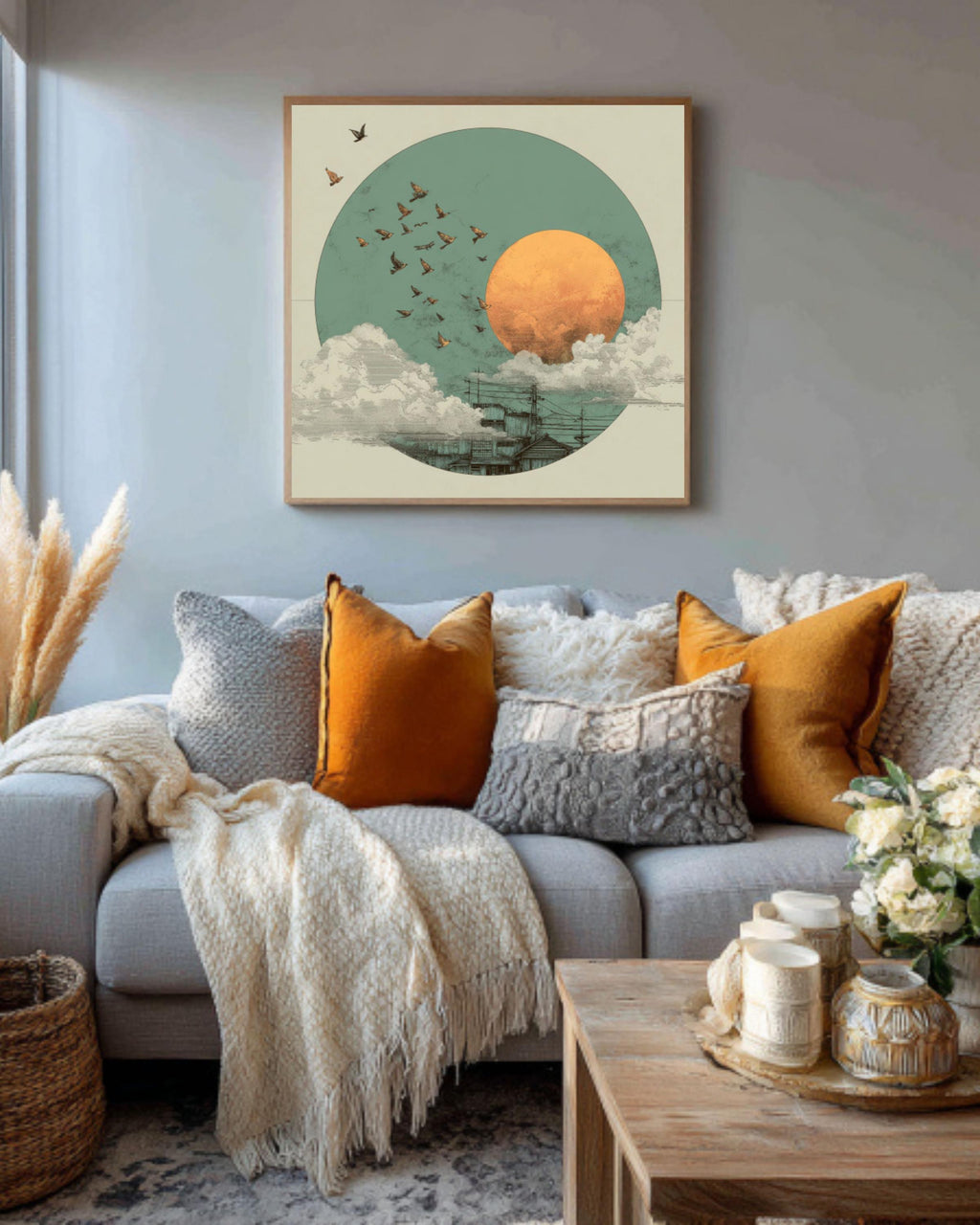 Japandi Canvas Wall Art: Sage Green Moon, Birds, Japanese Sun